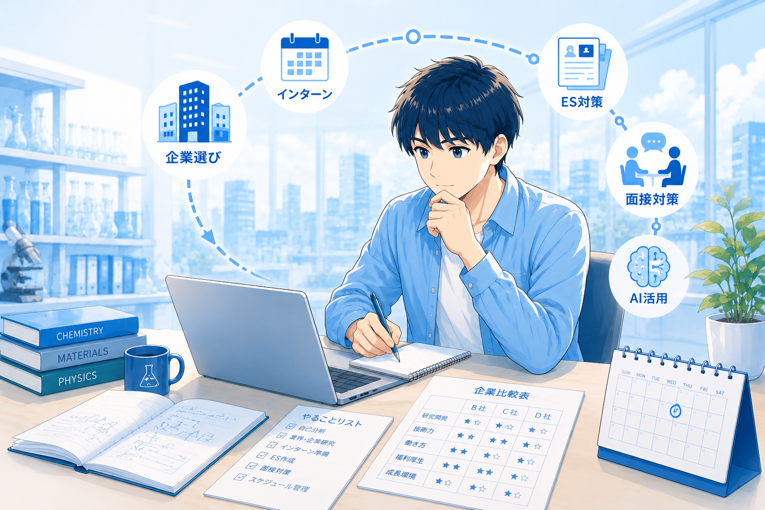 理系就活を整理する学生のイラスト